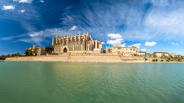 Panoramic view of La Seu, a Gothic medieval cathedral of Palma de Mallorca in Spain