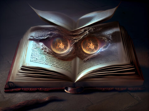 The head of a magical owl in the shape of a heart from the pages of an open ancient magic book. Generative AI