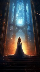 A Fantasy Illustration of a Woman Wearing a Gown Standing Within a Beautiful Building Generative AI