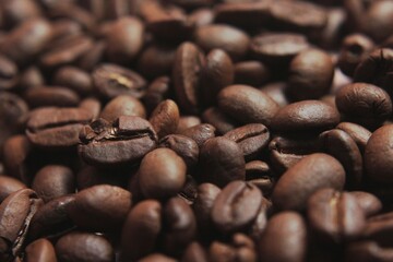 Brown Roasted Coffee Beans Closeup On Dark Background