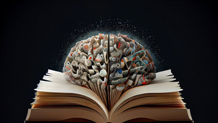 Image of the human brain on the pages of an open book. Generative AI