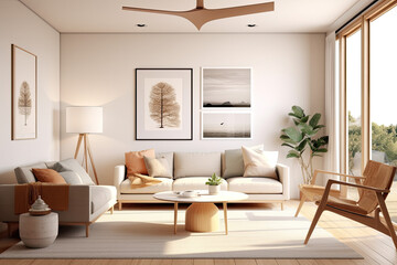 Fototapeta na wymiar Modern Scandinavian spacious living room with a soothing ambiance, sleek furniture, and warm wood accents. Generative AI