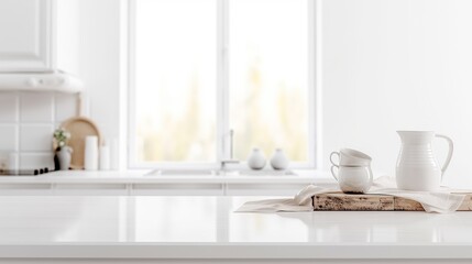 Coastal style white kitchen countertop with utensils and indoor plant, Scandi interior design, AI generated