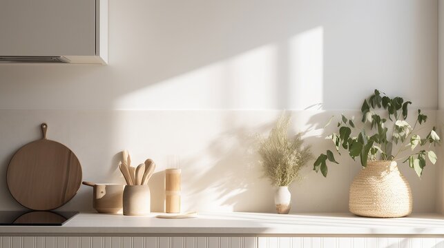 Coastal style kitchen countertop with kitchen utensils and indoor plant, Scandi interior design