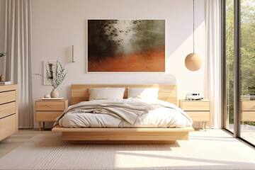 Modern Scandinavian master bedroom with a cozy bed, minimalistic decor, and warm wood accents.  Generative AI