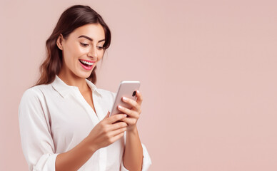 Fototapeta premium Woman using smartphone with happy emotion, Generative ai