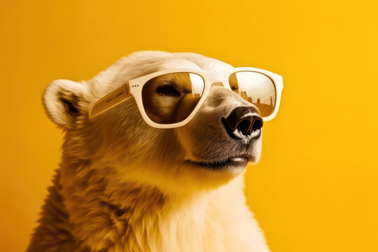 Chill and relaxed polar bear enjoying the sun with sunglasses on a vibrant yellow background, a beautiful summer image. AI Generative.