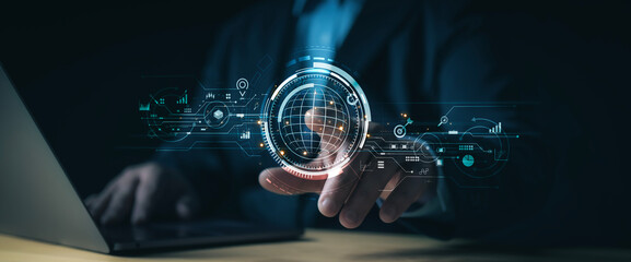 Businessman hand experience virtual screen, application technology, global business internet connection and digital marketing. finance and banking digital connection technology big data
