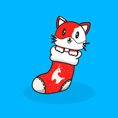 Cartoon Cat Christmas Sock Vector Editable Colorful Drawing Illustration