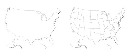 Fototapeta na wymiar USA map. American Flag one white black outline 