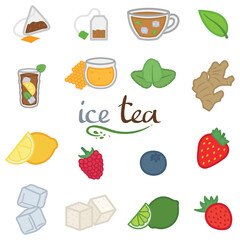 Banner with ingredients for iced tea on white background