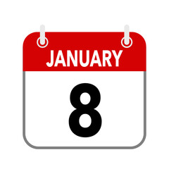 8 January, calendar date icon on white background.