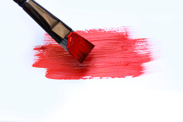 acrylic paint stain, brush stroke, red Oil Spot, red paint brush stroke and brush on a white background, painting,  Paint Spot Art Supplies, Art Classes, screw cap, artist, topview, black tube color, 