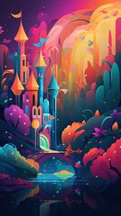 126. magical fairyland graphic poster design enchanting color wallpaper. Generative AI