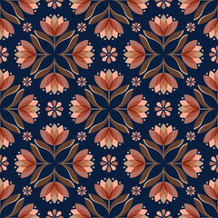 Classic and elegant floral seamless pattern. Coral and brown flower motifs on navy background.