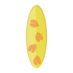 Yellow surfboard with tropical leaves on white background
