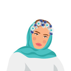 Beautiful Arabian woman with floral wreath on white background. Summer Solstice