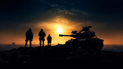 Fototapeta na wymiar Dramatic silhouettes of brave soldiers stand tall against the captivating canvas of a sunset sky.