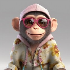 Obraz premium 3D cartoon monkey portrait wearing clothes, standing in front, generative ai