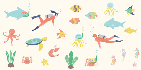 熱帯魚やウミガメやエビなどの海の生き物とスキューバダイビングをするカップルのイラスト