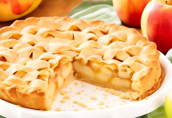 A pie with a lattice top and a slice missing, sitting on a white plate. There are apples and a bowl in the background. - obrazy, fototapety, plakaty