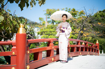 Fototapeta na wymiar 太鼓橋に立つ、日傘を差した着物姿の上品な女性