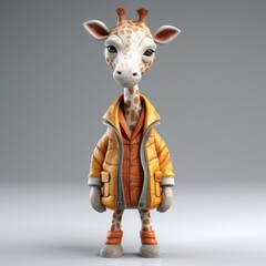 3D cartoon giraffe portrait wearing clothes, standing in front, generative ai