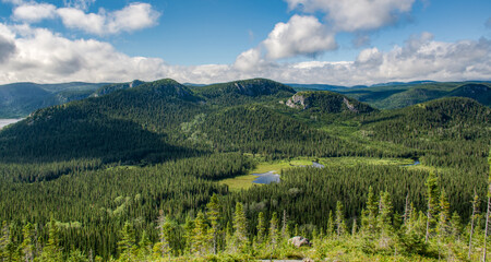 Wonderful panorama of the wilderness in the boreal forest, above the mountains, Charlevoix, QC, Canada - obrazy, fototapety, plakaty