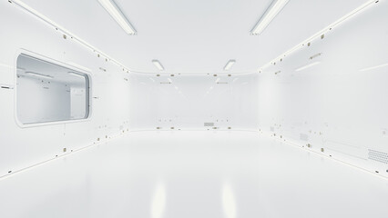 Scientific laboratory white room or Sci-Fi corridor white color. Science elements and Technology background. Can be used in education, science industry background. 3D Render.