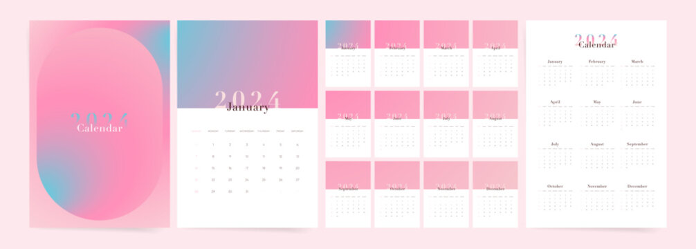 2024 Calendar template design. Week starts on Sunday pink office calendar for businesswoman. Aesthetic Gradient Design. Desktop planner in Modern Fashion Minimal Style. English vector calendar layout.