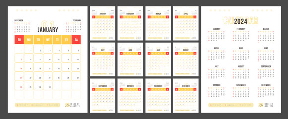Monthly Calendar Template for 2024 Year. Wall Calendar in a Business Modern Style. Week Starts on Sunday.