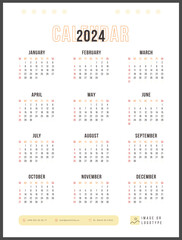 One Page Calendar for New 2024 Year. Yearly Planner 2024 Template. 