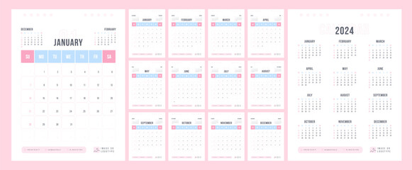 Modern 2024 Calendar Design in Pink and Blue Colors. Monthly Layouts, Printable for Home or Office Use.