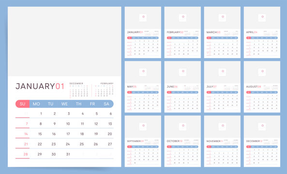 Monthly calendar template for 2024 year. Wall calendar in a minimal modern style. Week Starts on Sunday.