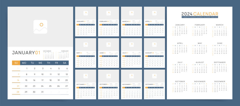 2024 Calendar Planner Template with Place for Photo. Vector layout of a wall or desk A4 calendar. Sunday start. Business Calendar Printable Grid.