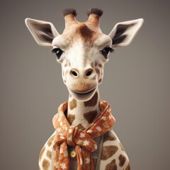 Fototapety  3D cartoon giraffe portrait wearing clothes, standing in front, generative ai