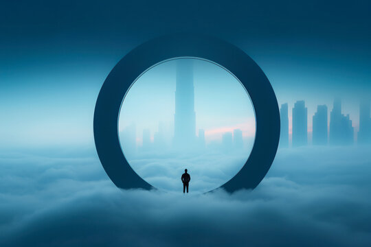 Future Vision Concept. Insightful Human-centric Forecast and Prediction, Metaphoric World with Futuristic Scenery, Encompassing Business Strategy and Technological Evolution.