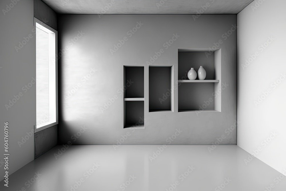 Wall mural minimalist white room with decorative vases on shelves Generative AI