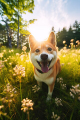 Happy little dog in the spring forest with meadows, sun rays flare. Generative AI.