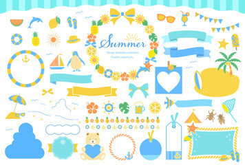 夏のイラストとフレームセット / 文字なし / あしらい、海、ビーチ、自然、枠、見出し、ベクター