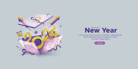 Happy new year 2024 celebration with 3D number on open gift box and firework rocket. 2024 new year celebration web concept