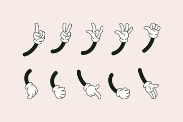 Retro Cartoon Hands Set in Different Gestures Showing Pointing Finger, Thumb Up, Rock sign, High Five. Vector Comic Arms - obrazy, fototapety, plakaty