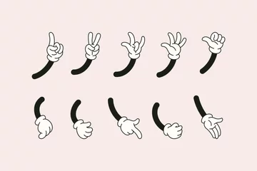 Fotobehang Retro Cartoon Hands Set in Different Gestures Showing Pointing Finger, Thumb Up, Rock sign, High Five. Vector Comic Arms © Sini4ka