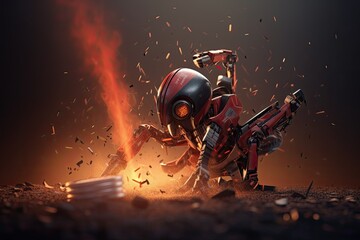 robot kicking a pile of coins while holding a gun Generative AI