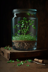A glass container filled with green sprouts. Microgreen. Generative AI