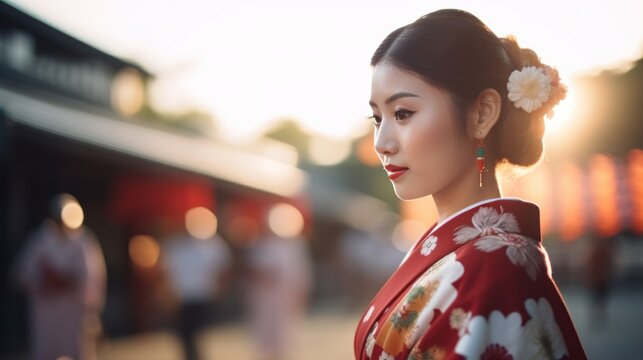 Attractive asian woman wearing traditional Japanese casual summer kimono called Yukata. Generative AI.