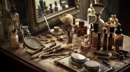 makeup tools scattered across a rustic wooden table, surrounded by vintage mirrors and elegant perfume bottles. generative ai.