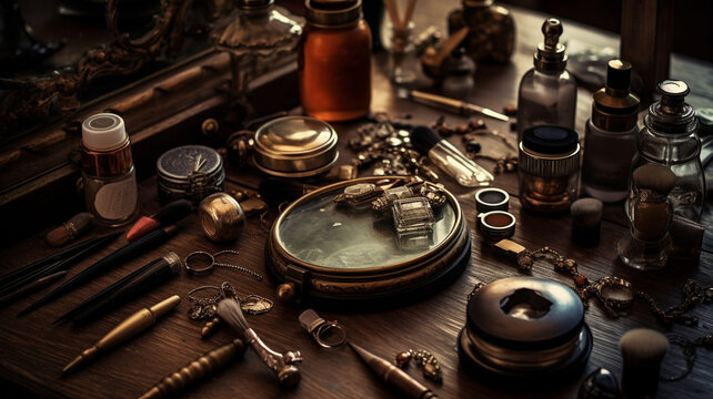 makeup tools scattered across a rustic wooden table, surrounded by vintage mirrors and elegant perfume bottles. generative ai.