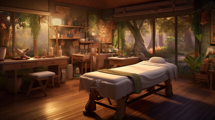 acupuncture clinic with dimmed lighting with wooden furniture and nature-inspired decor, and a treatment bed cover. generative ai