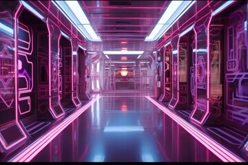 dark hallway with vibrant neon lights and a mysterious red glow Generative AI